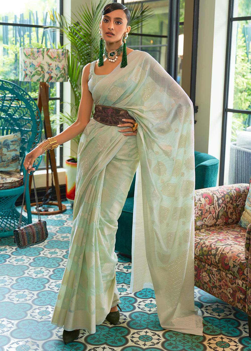 Shades Of Green Chikankari Weaving Silk Saree with Sequins work | Stitched Blouse - qivii