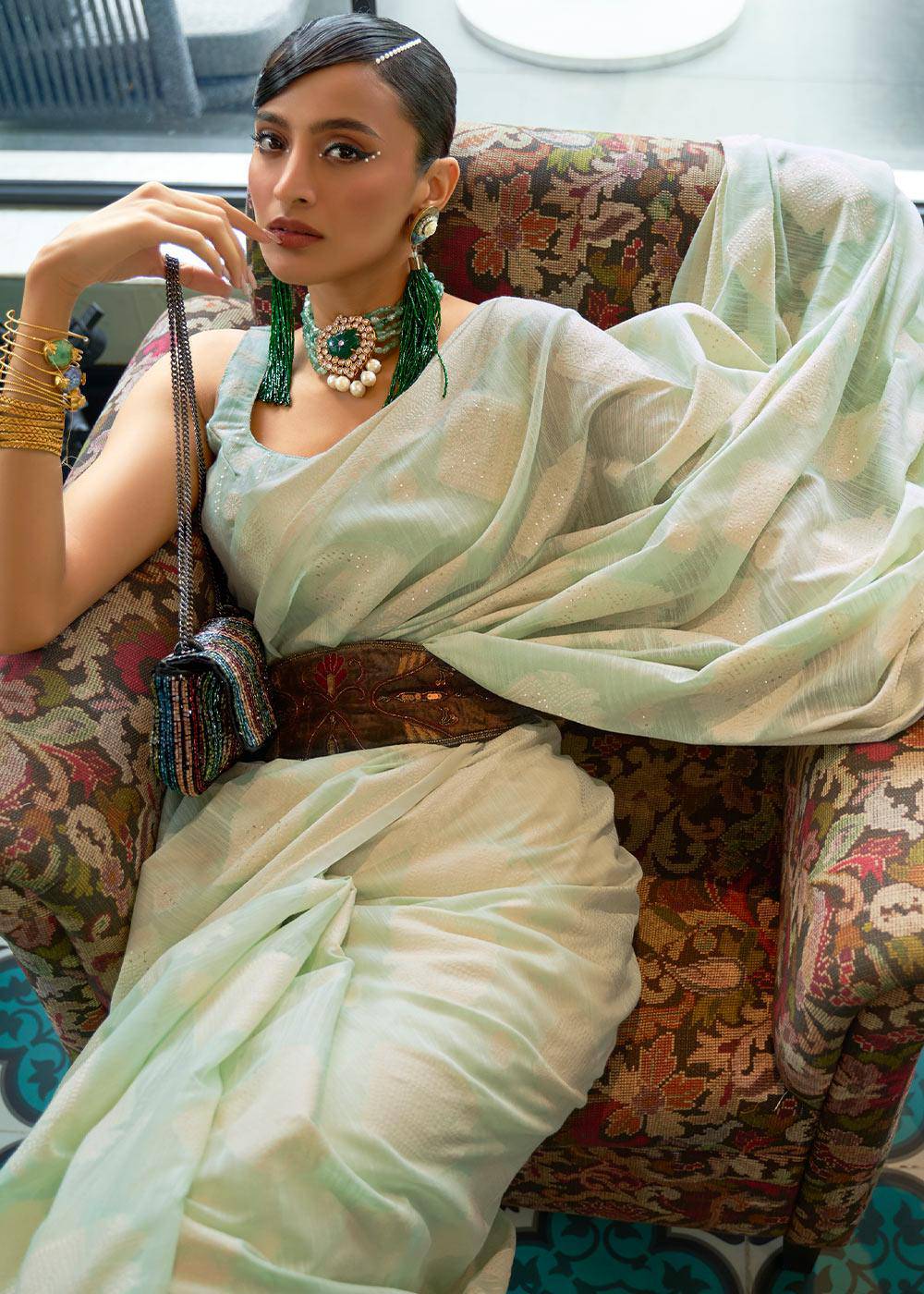 Shades Of Green Chikankari Weaving Silk Saree with Sequins work | Stitched Blouse - qivii