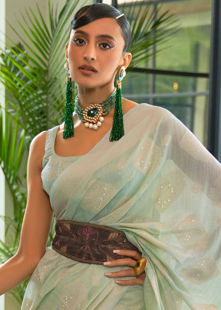 Shades Of Green Chikankari Weaving Silk Saree with Sequins work | Stitched Blouse - qivii