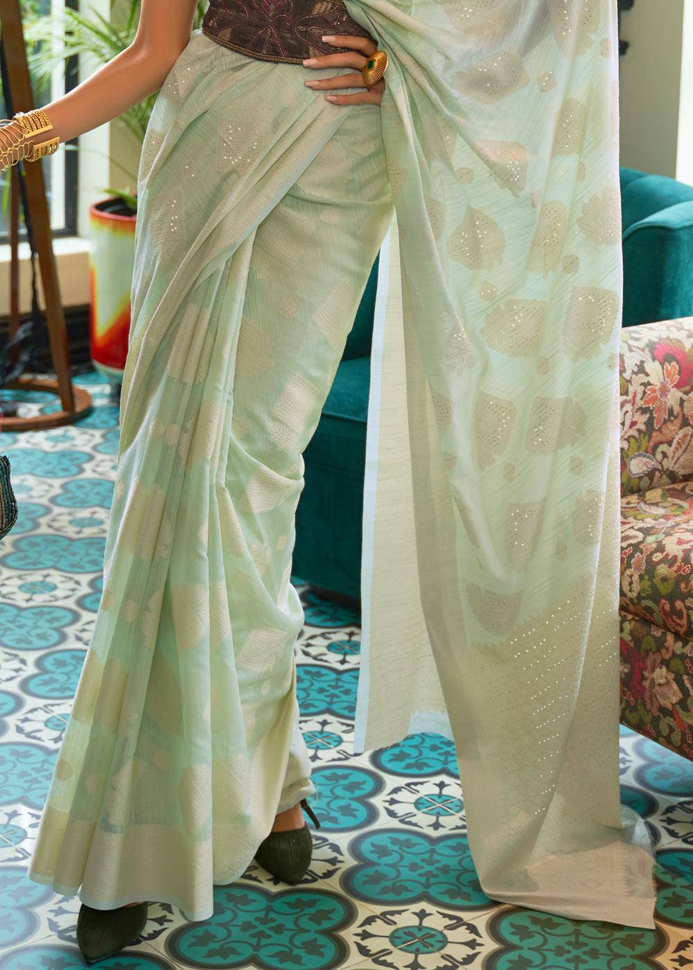 Shades Of Green Chikankari Weaving Silk Saree with Sequins work | Stitched Blouse - qivii