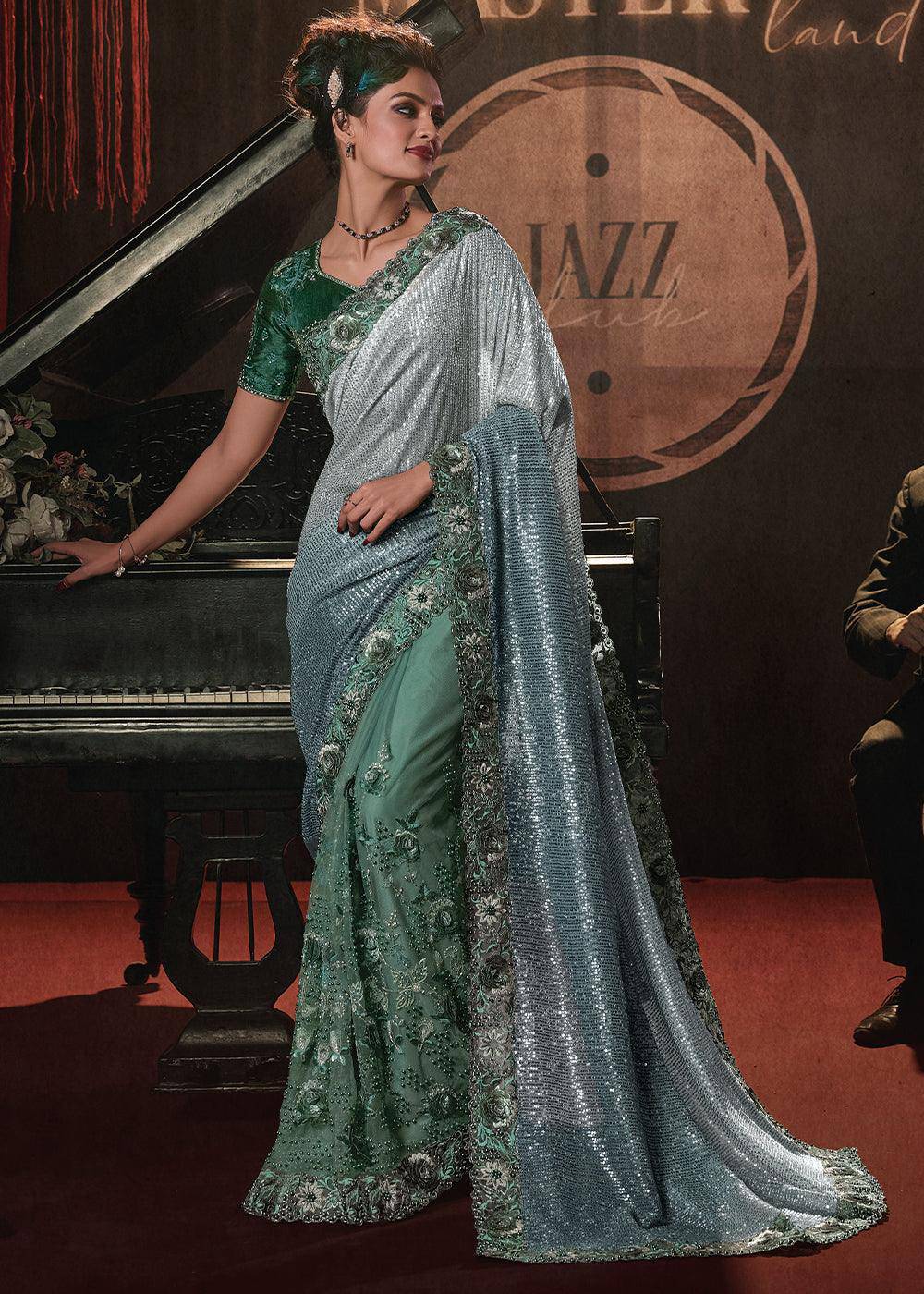 Shades Of Green Digital Net Saree with Thread, Sequence,Zarkan,Moti and Flower Applique work | Stitched Blouse - qivii