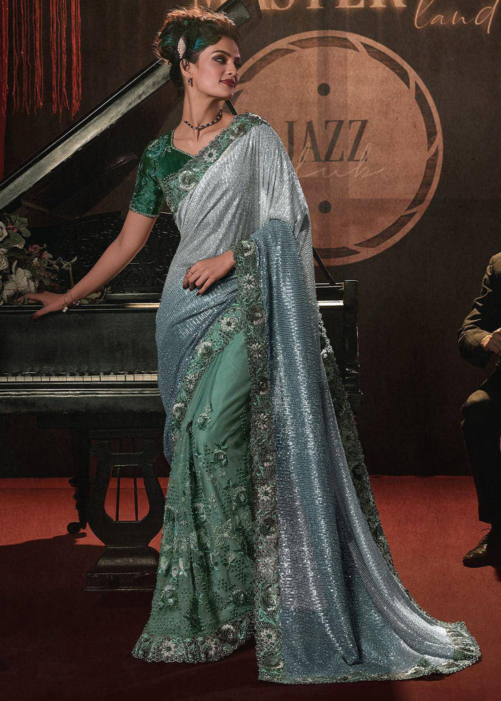 Shades Of Green Digital Net Saree with Thread, Sequence,Zarkan,Moti and Flower Applique work | Stitched Blouse - qivii