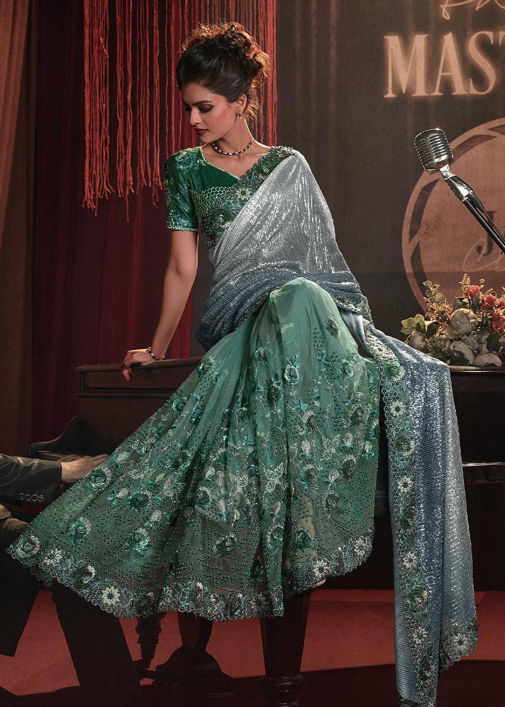 Shades Of Green Digital Net Saree with Thread, Sequence,Zarkan,Moti and Flower Applique work | Stitched Blouse - qivii