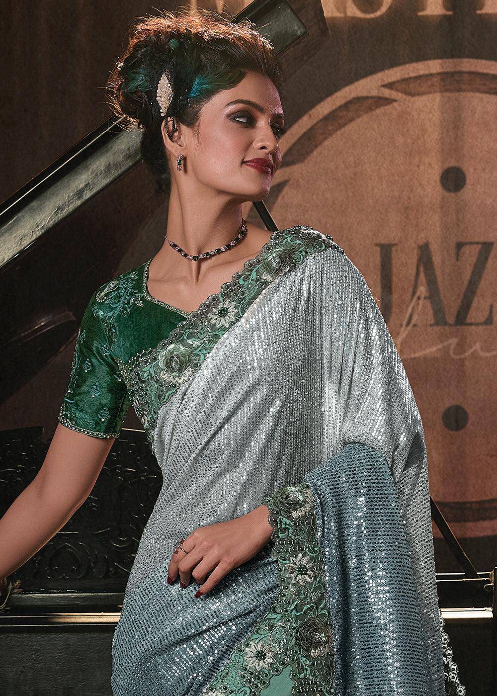 Shades Of Green Digital Net Saree with Thread, Sequence,Zarkan,Moti and Flower Applique work | Stitched Blouse - qivii