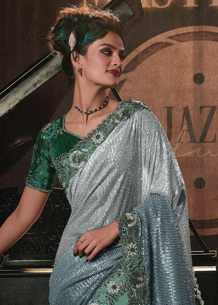 Shades Of Green Digital Net Saree with Thread, Sequence,Zarkan,Moti and Flower Applique work | Stitched Blouse - qivii