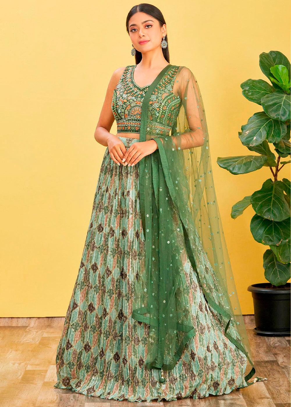 Shades Of Green Digital Printed Chinnon Lehenga with Thread,Zari & Sequins Work - qivii