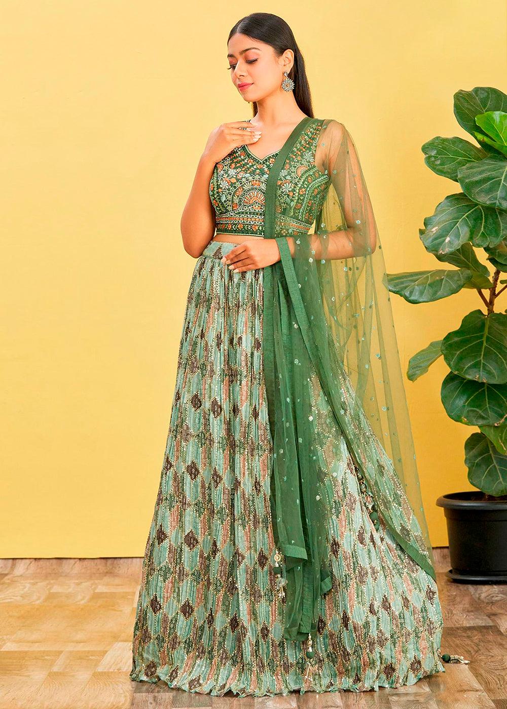 Shades Of Green Digital Printed Chinnon Lehenga with Thread,Zari & Sequins Work - qivii