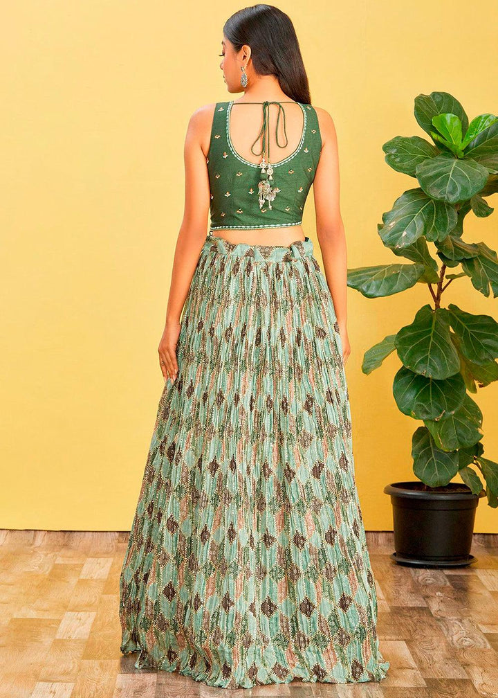 Shades Of Green Digital Printed Chinnon Lehenga with Thread,Zari & Sequins Work - qivii