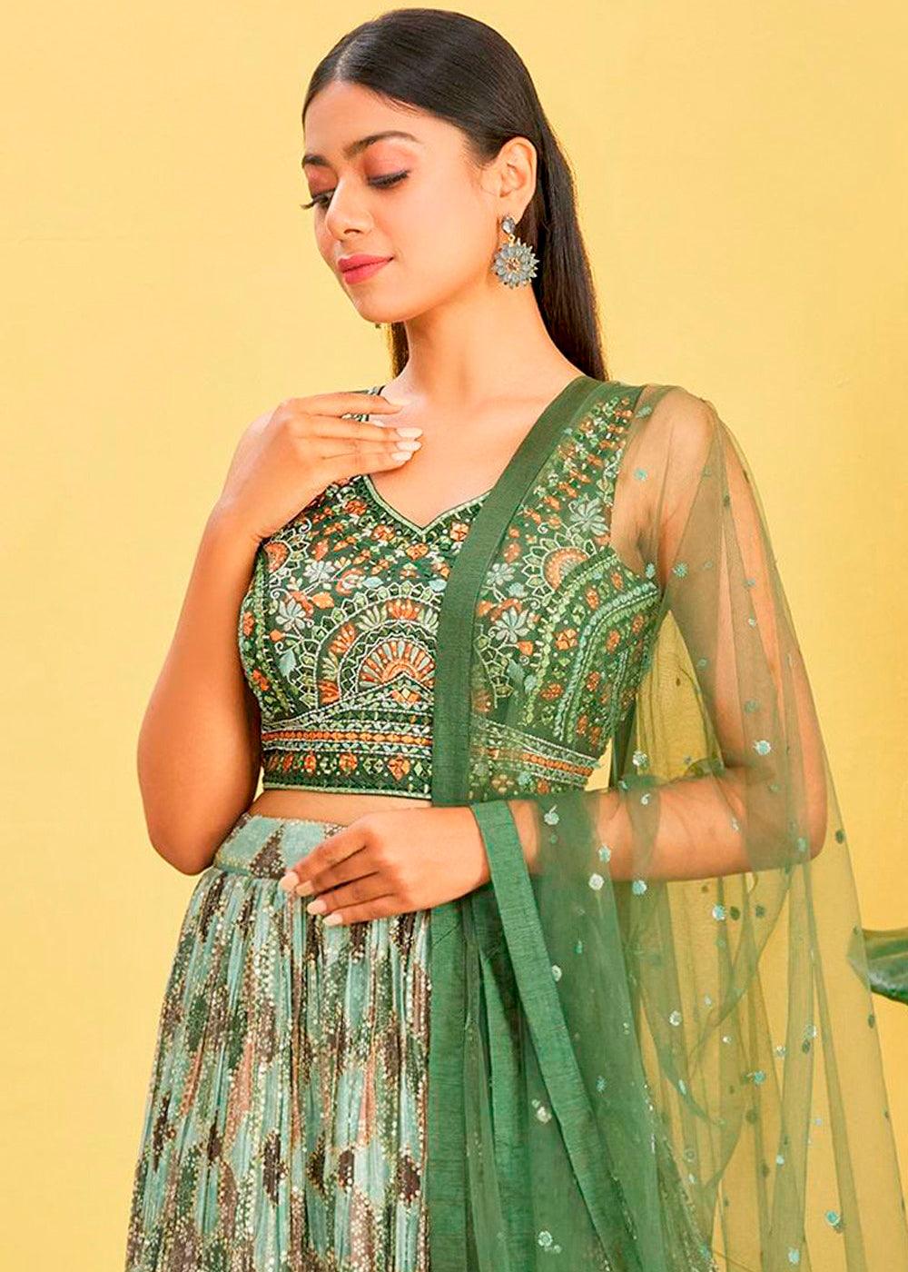 Shades Of Green Digital Printed Chinnon Lehenga with Thread,Zari & Sequins Work - qivii