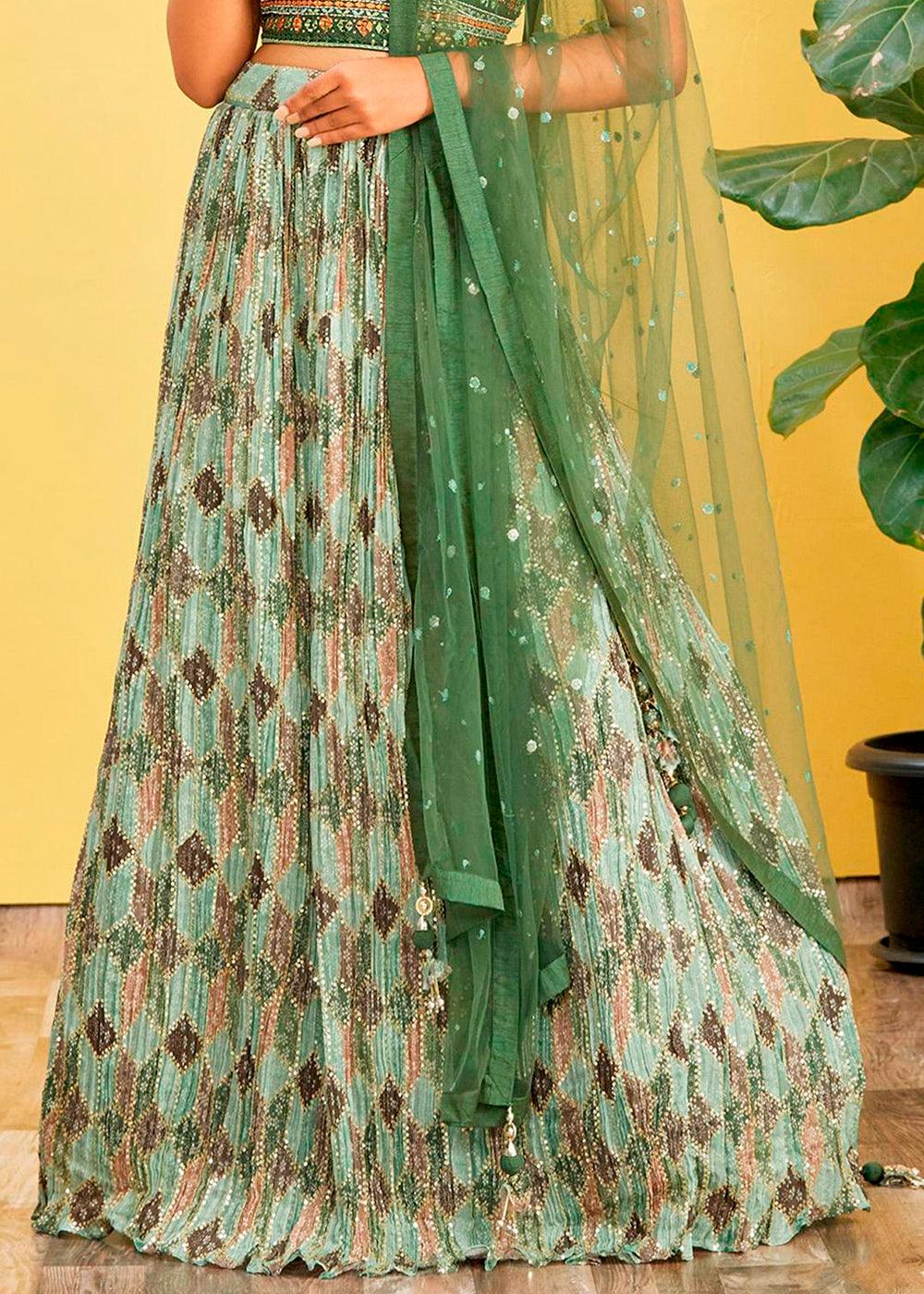 Shades Of Green Digital Printed Chinnon Lehenga with Thread,Zari & Sequins Work - qivii