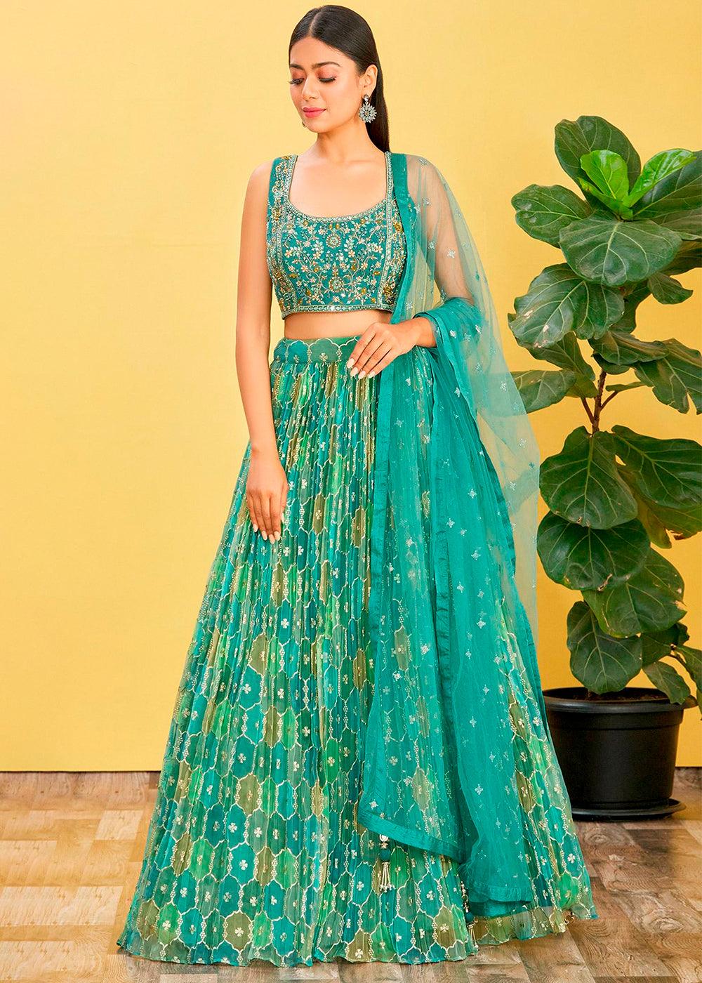 Shades Of Green Digital Printed Organza Lehenga with Thread,Zari & Sequins Work - qivii