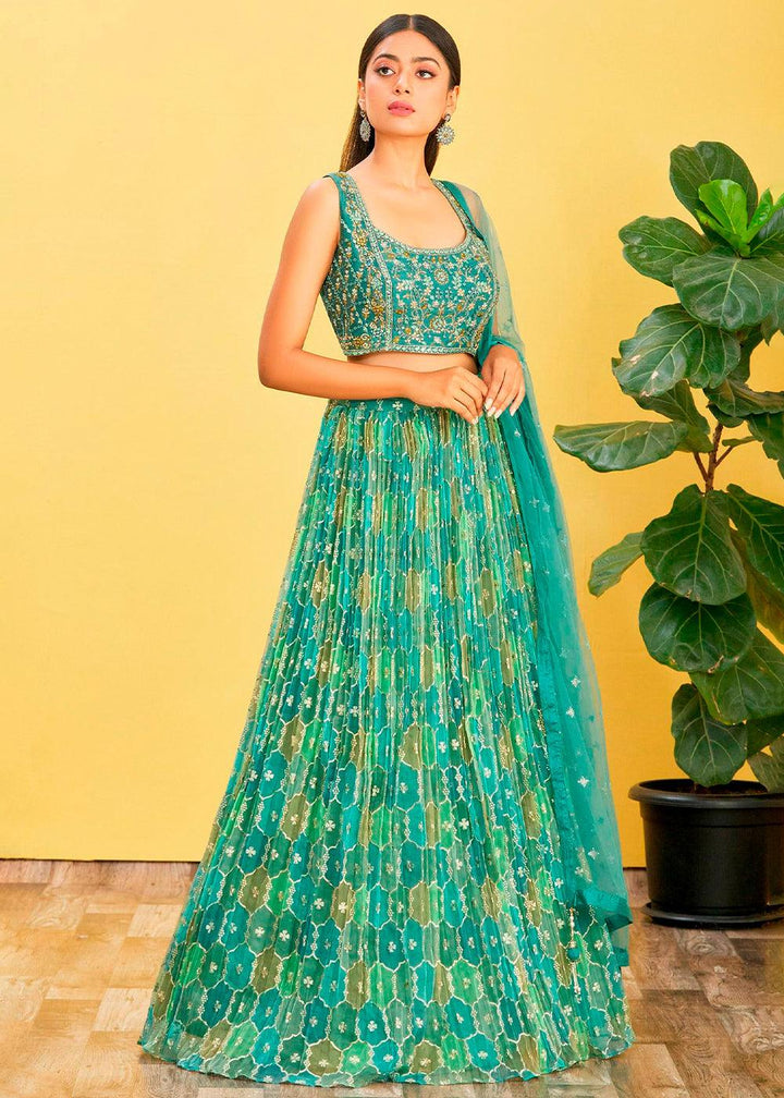 Shades Of Green Digital Printed Organza Lehenga with Thread,Zari & Sequins Work - qivii