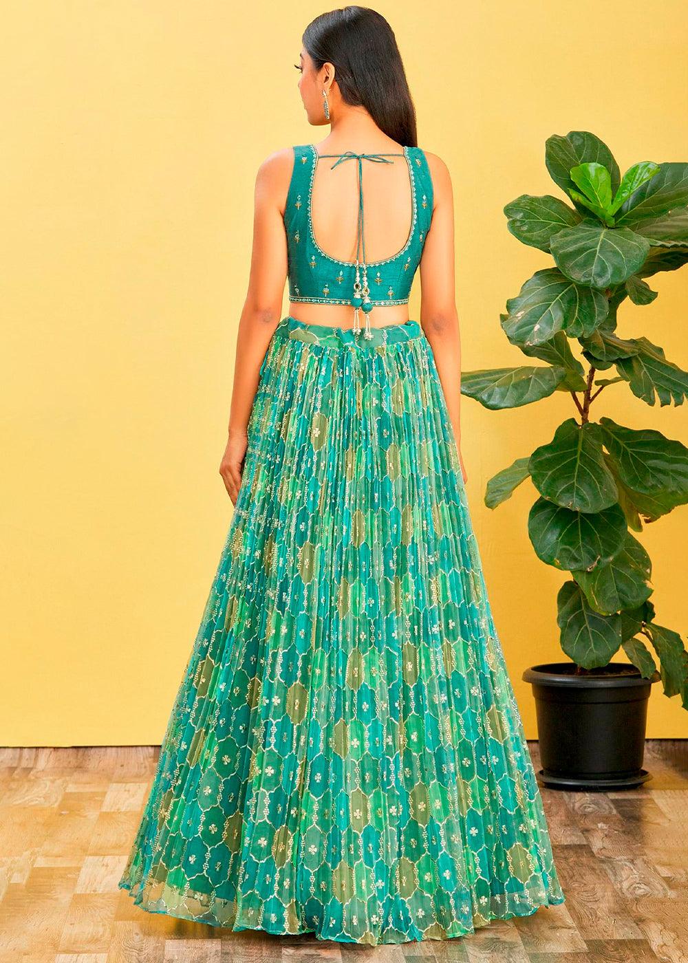 Shades Of Green Digital Printed Organza Lehenga with Thread,Zari & Sequins Work - qivii