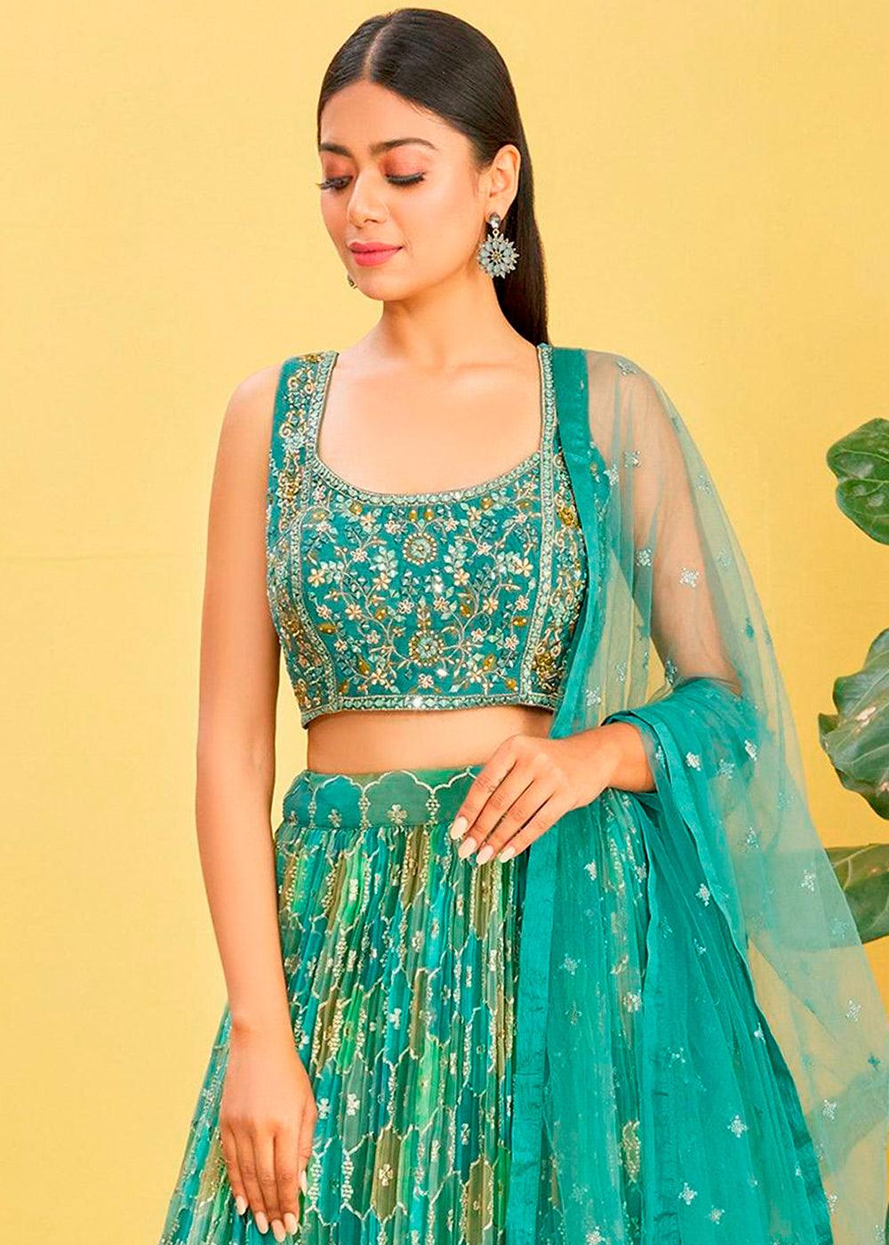 Shades Of Green Digital Printed Organza Lehenga with Thread,Zari & Sequins Work - qivii