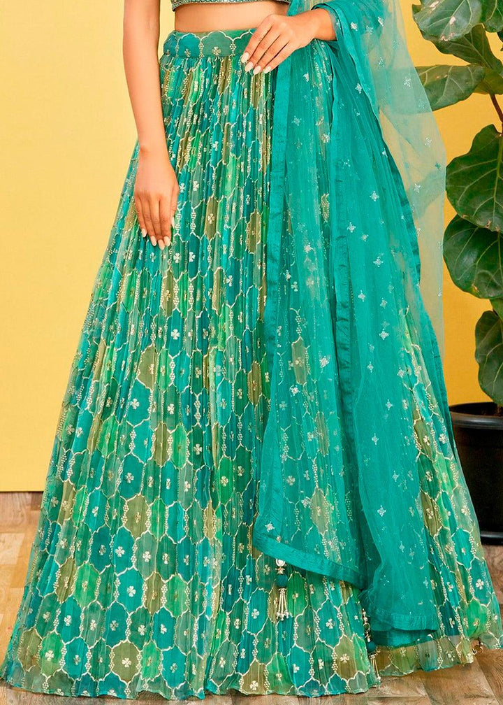 Shades Of Green Digital Printed Organza Lehenga with Thread,Zari & Sequins Work - qivii