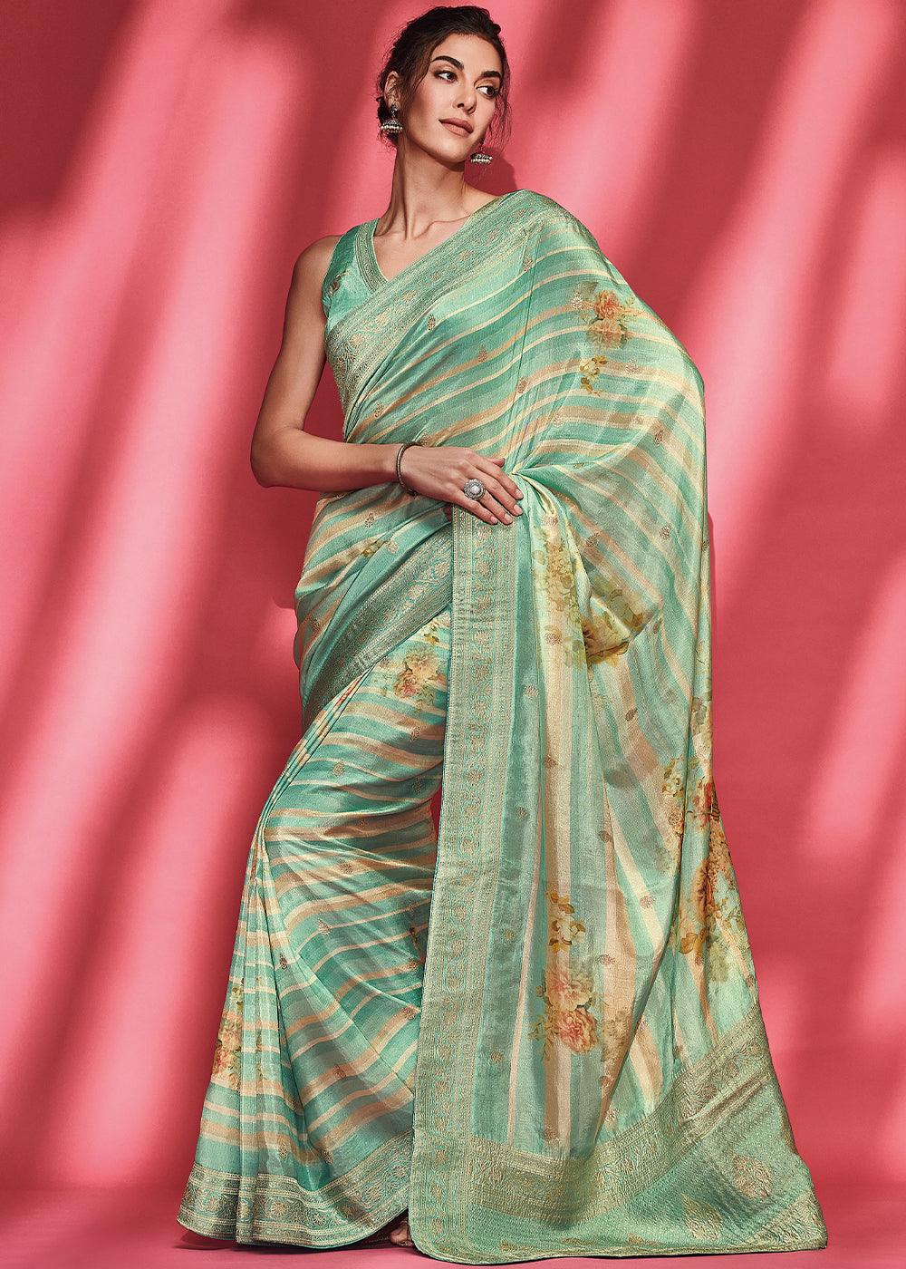 Shades Of Green Floral Printed Woven Viscose Silk Saree - qivii