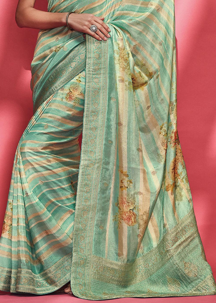 Shades Of Green Floral Printed Woven Viscose Silk Saree - qivii