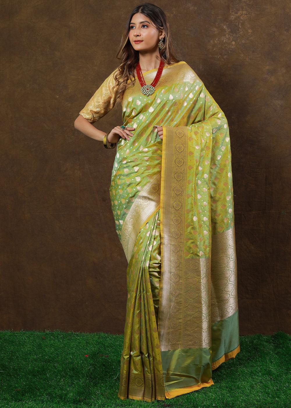 Shades Of Green Hand Woven Pure Katan Silk Saree | Stitched Blouse - qivii