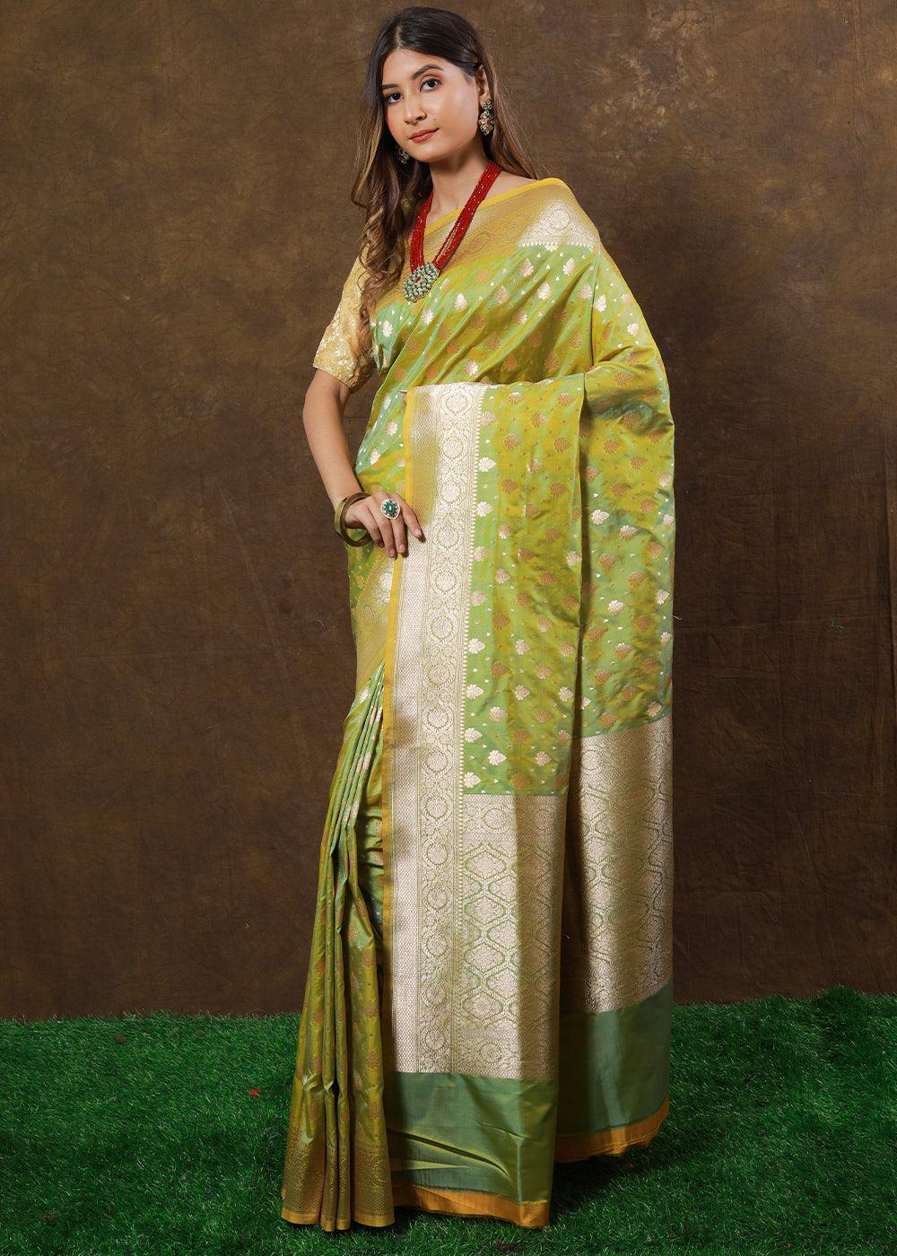 Shades Of Green Hand Woven Pure Katan Silk Saree | Stitched Blouse - qivii