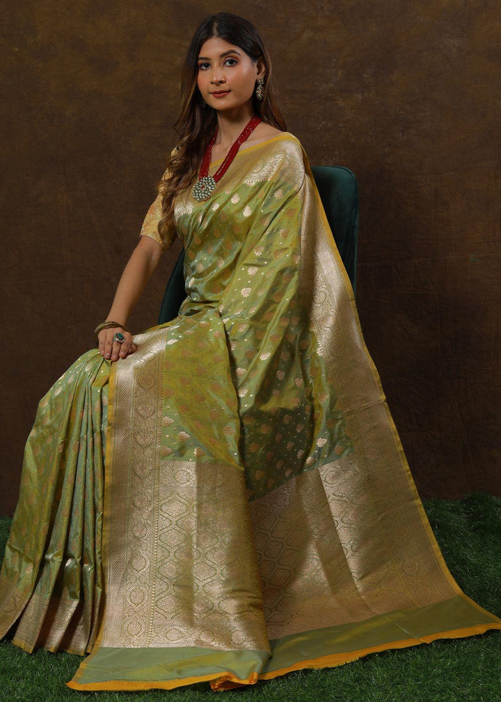 Shades Of Green Hand Woven Pure Katan Silk Saree | Stitched Blouse - qivii