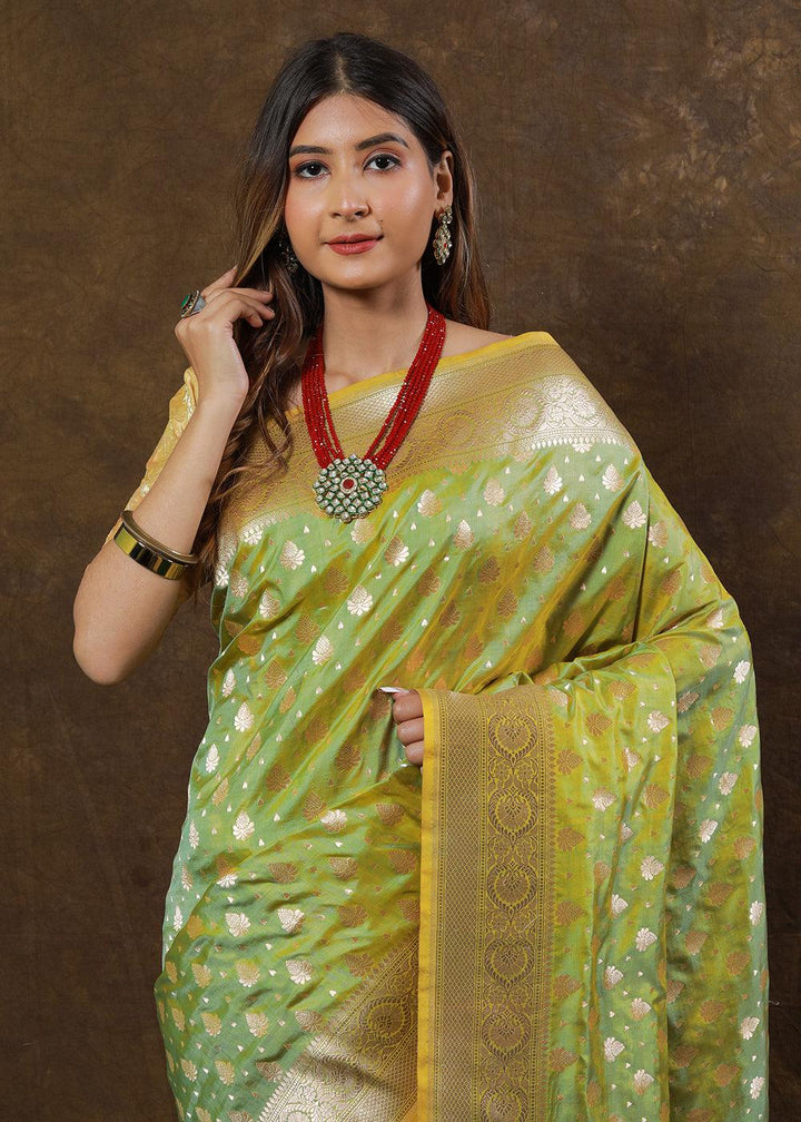 Shades Of Green Hand Woven Pure Katan Silk Saree | Stitched Blouse - qivii