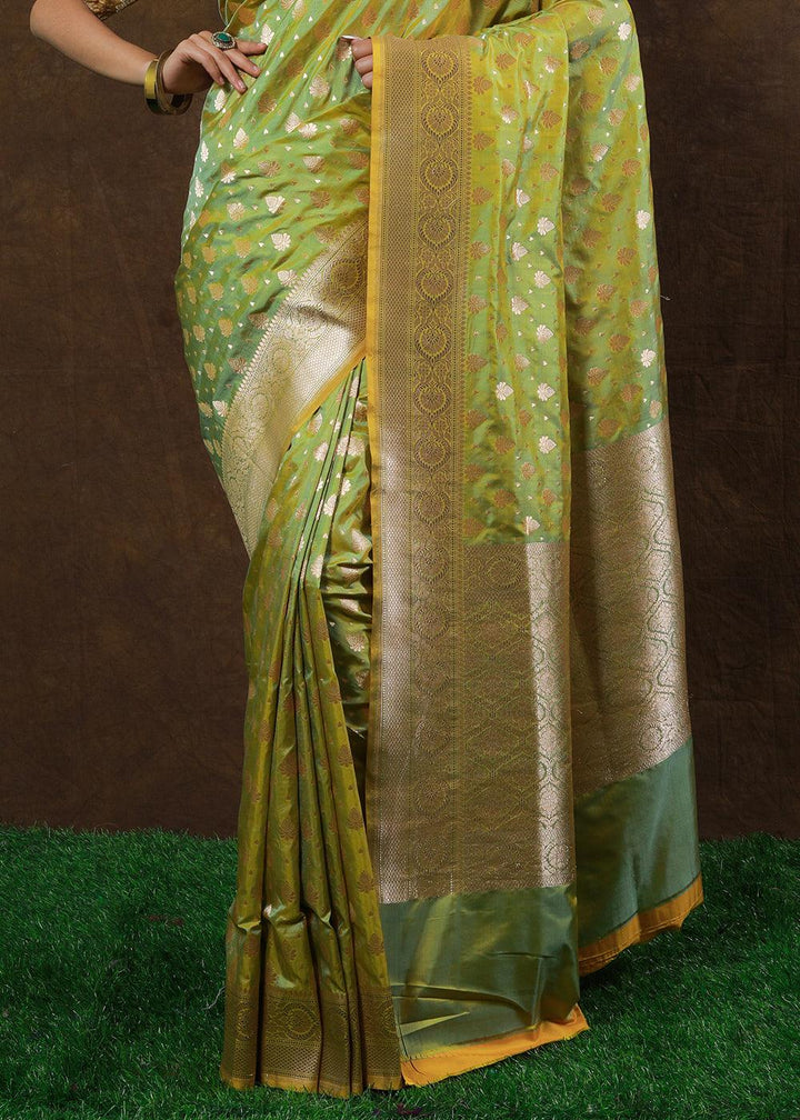 Shades Of Green Hand Woven Pure Katan Silk Saree | Stitched Blouse - qivii