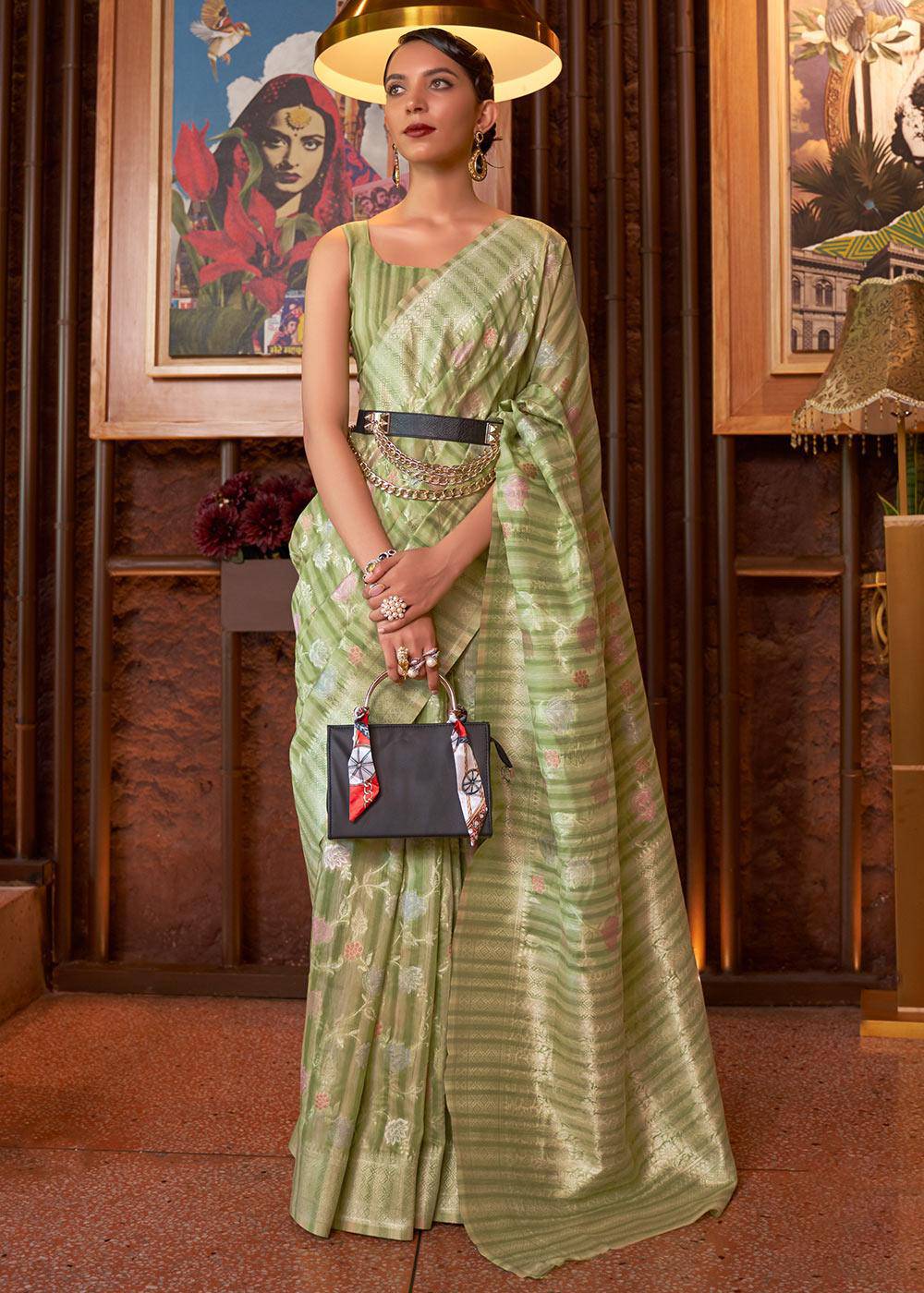 Shades Of Green Handloom Weaving Linen Silk Saree | Stitched Blouse - qivii