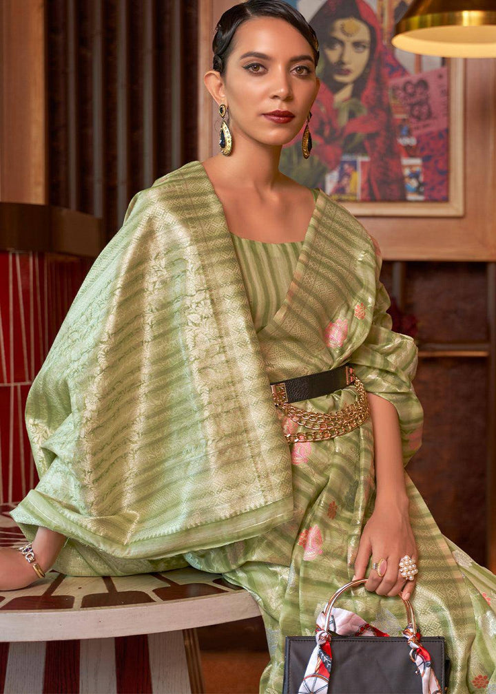 Shades Of Green Handloom Weaving Linen Silk Saree | Stitched Blouse - qivii