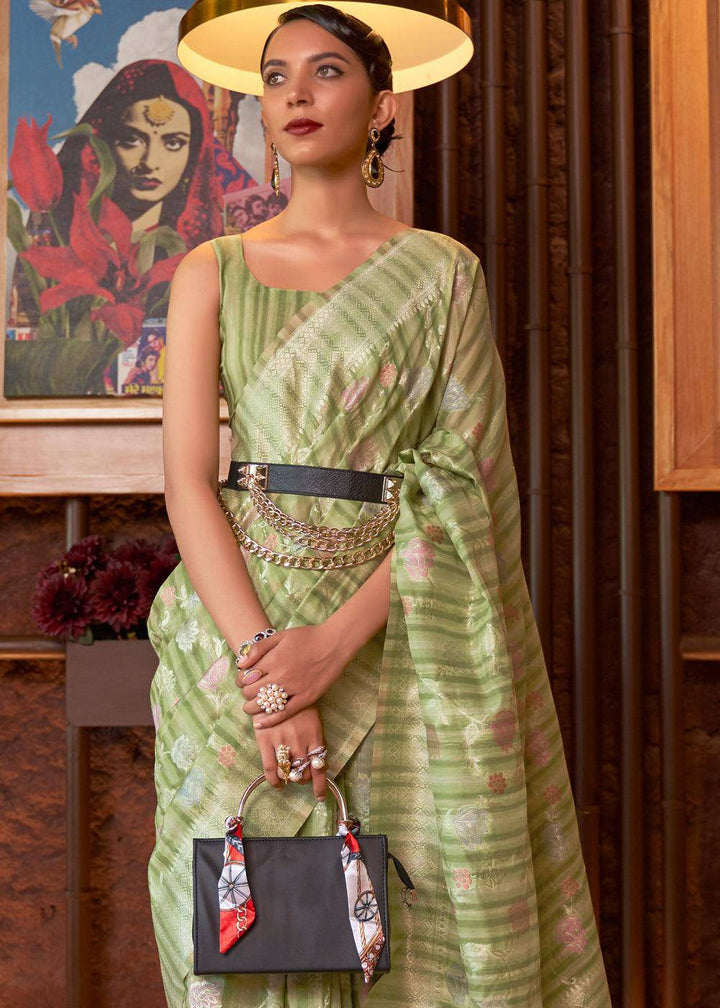 Shades Of Green Handloom Weaving Linen Silk Saree | Stitched Blouse - qivii