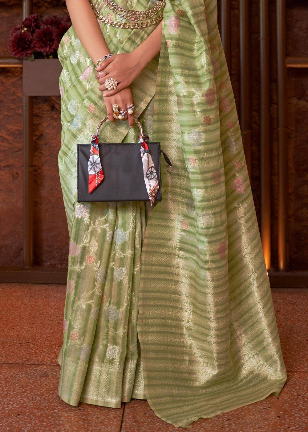 Shades Of Green Handloom Weaving Linen Silk Saree | Stitched Blouse - qivii