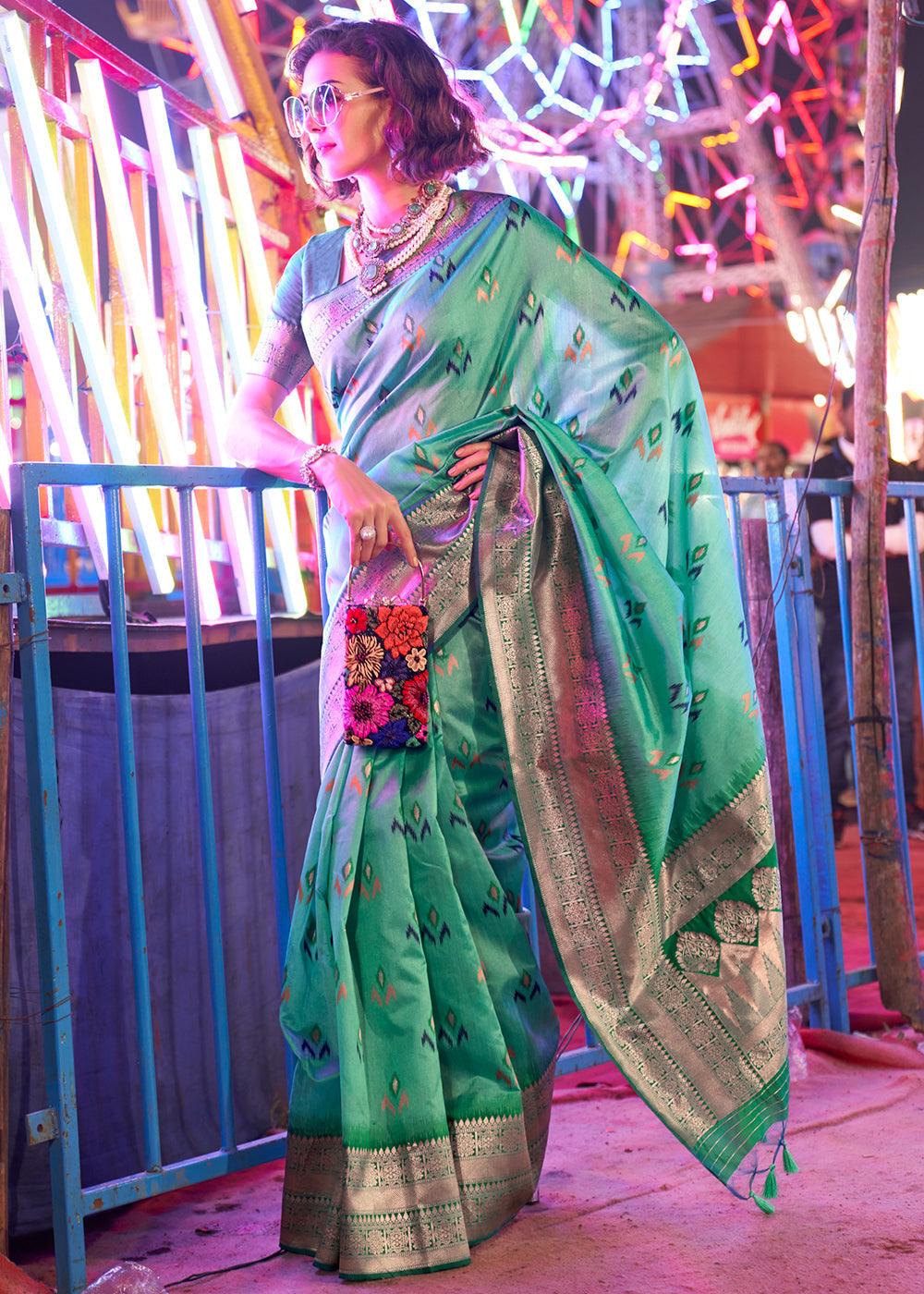 Shades Of Green Handloom Woven Banarasi Sik Saree - qivii