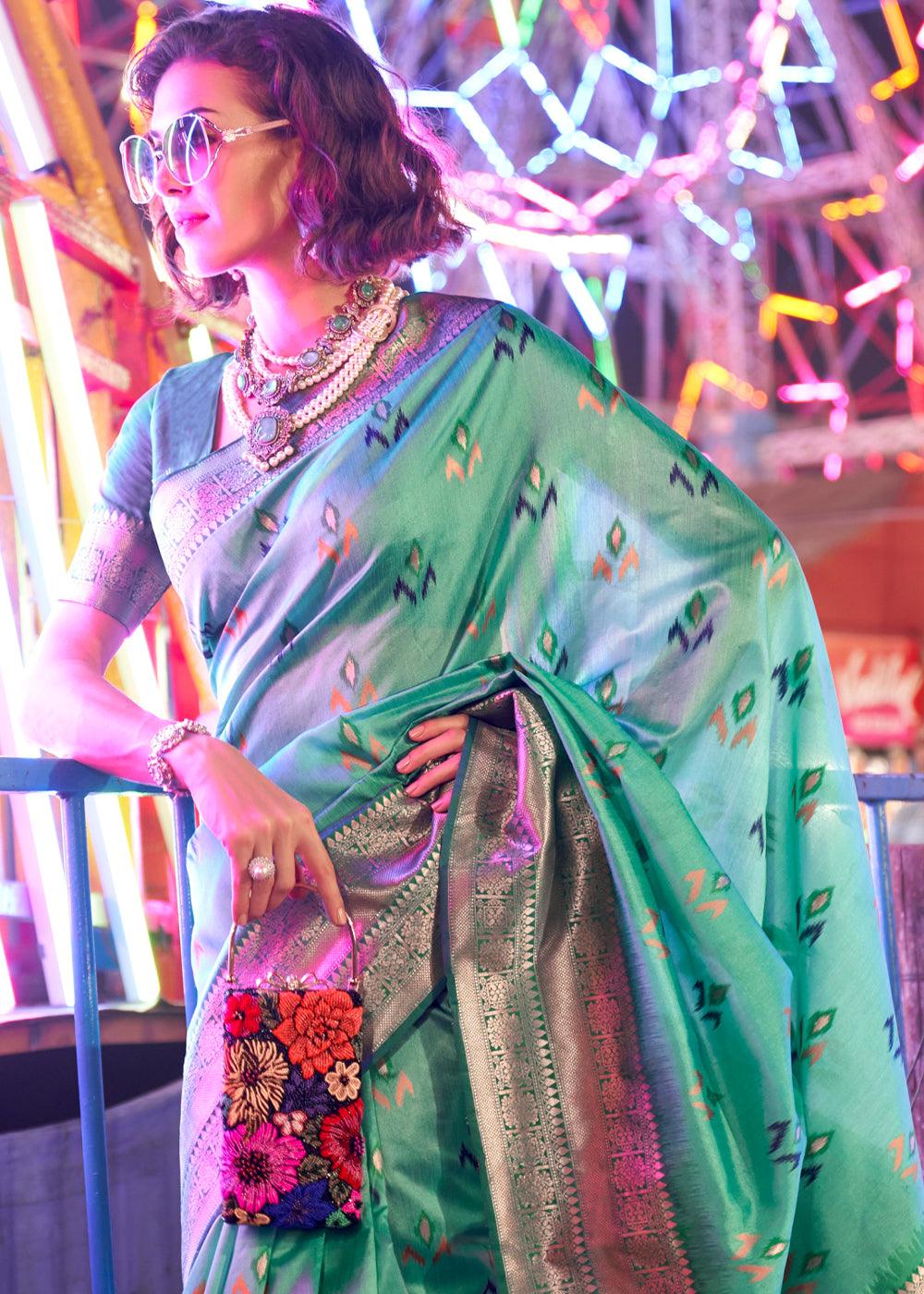 Shades Of Green Handloom Woven Banarasi Sik Saree - qivii