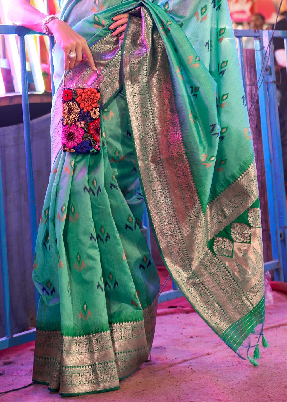 Shades Of Green Handloom Woven Banarasi Sik Saree - qivii