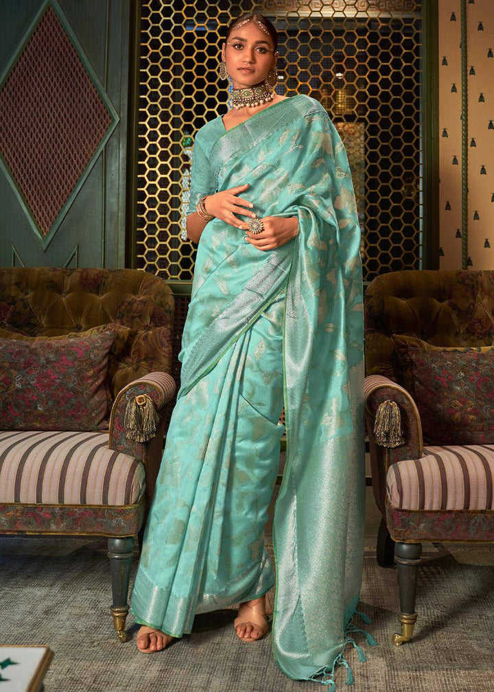 Shades Of Green Handloom Woven Designer Silk Saree | Stitched Blouse - qivii