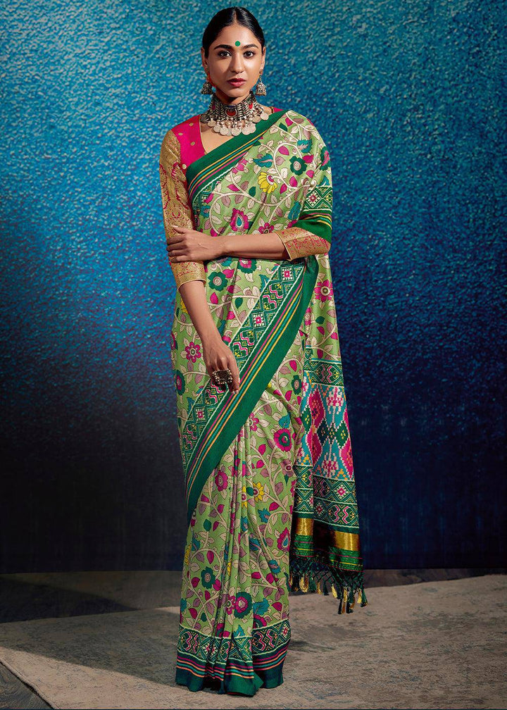 Shades Of Green Kalamkari Printed Soft Tussar Silk Saree with Patola Pallu | Stitched Blouse - qivii