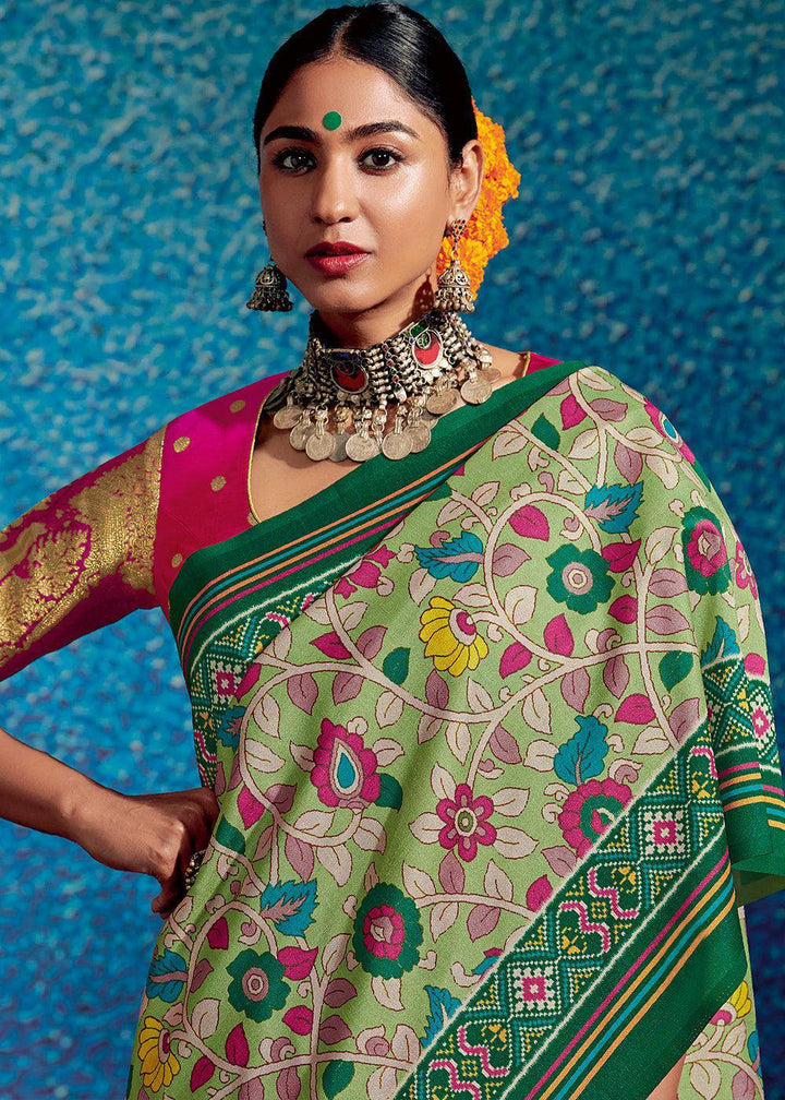 Shades Of Green Kalamkari Printed Soft Tussar Silk Saree with Patola Pallu | Stitched Blouse - qivii