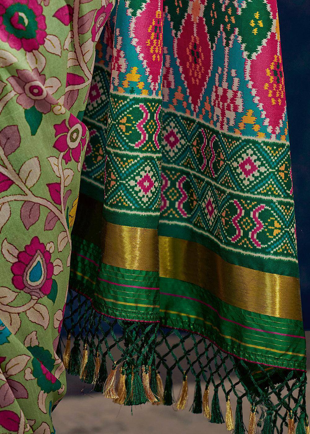 Shades Of Green Kalamkari Printed Soft Tussar Silk Saree with Patola Pallu | Stitched Blouse - qivii