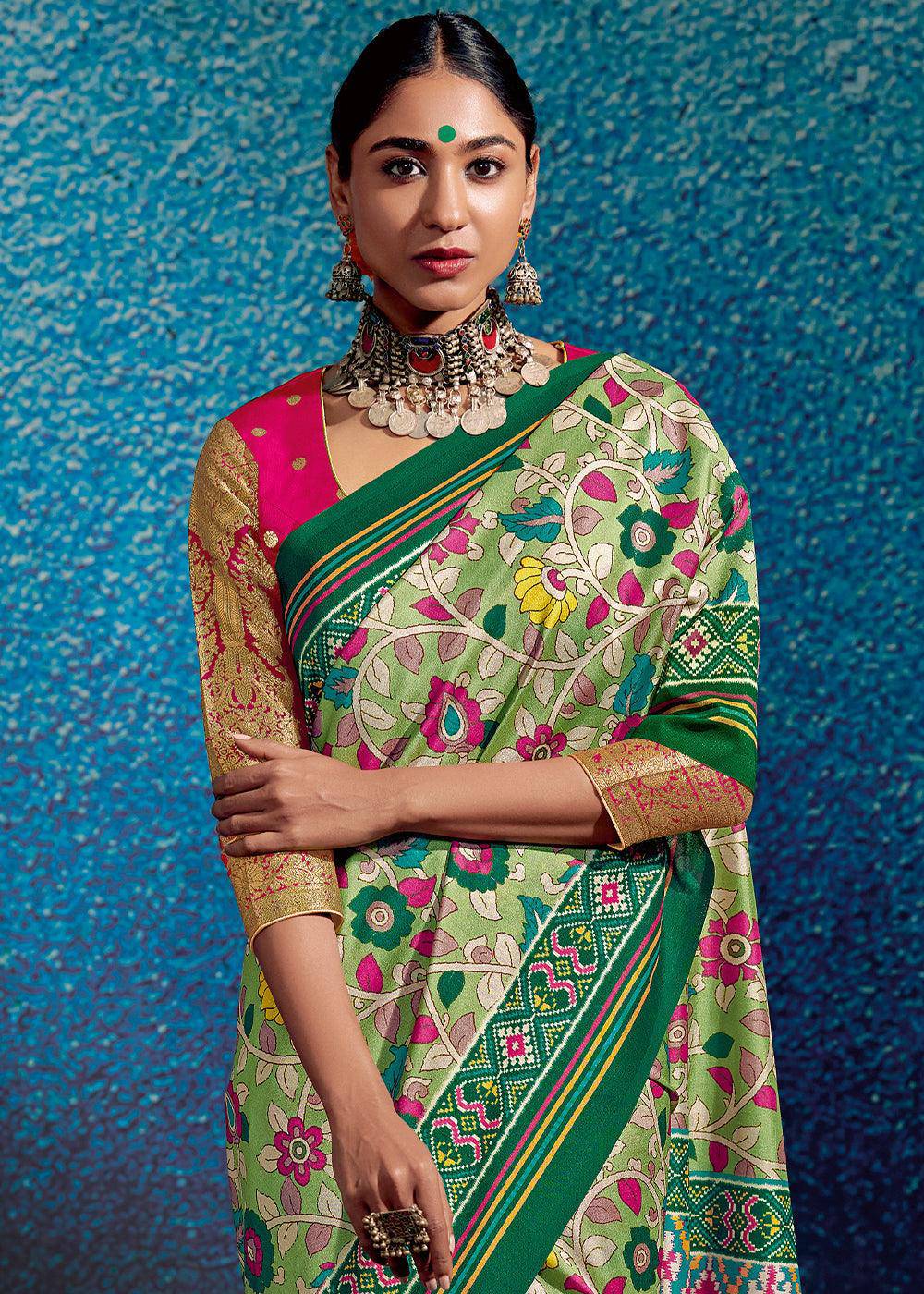 Shades Of Green Kalamkari Printed Soft Tussar Silk Saree with Patola Pallu | Stitched Blouse - qivii