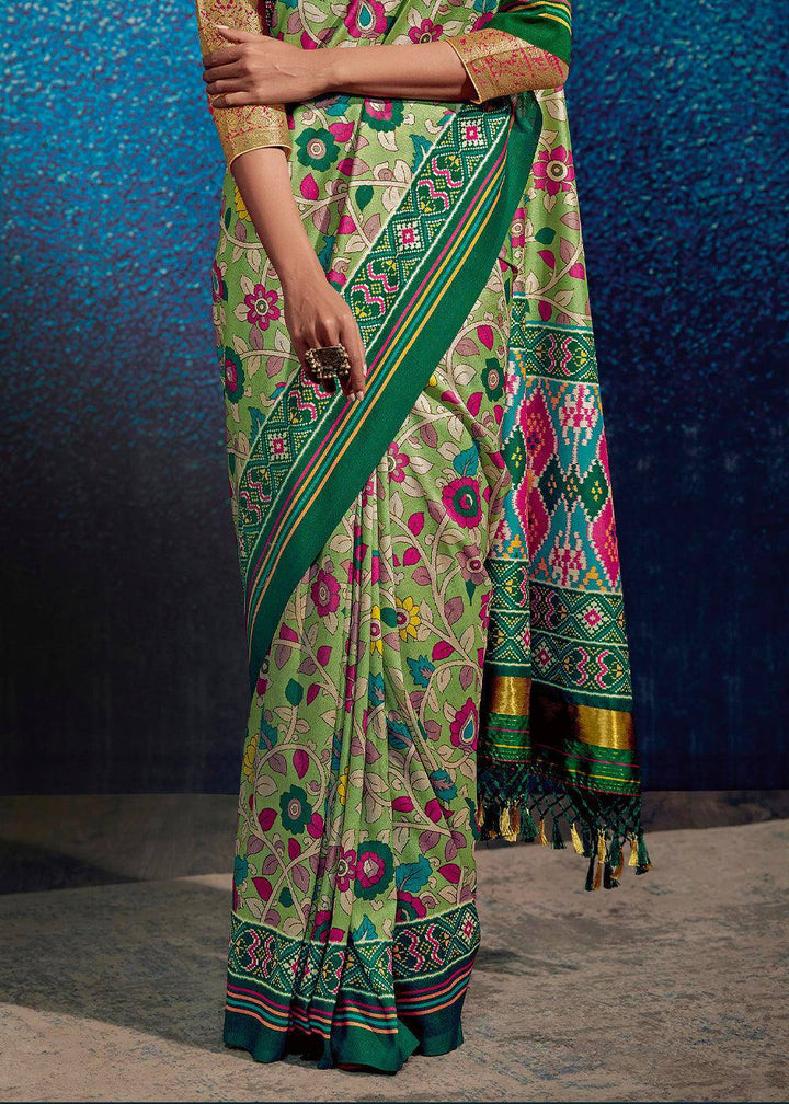 Shades Of Green Kalamkari Printed Soft Tussar Silk Saree with Patola Pallu | Stitched Blouse - qivii