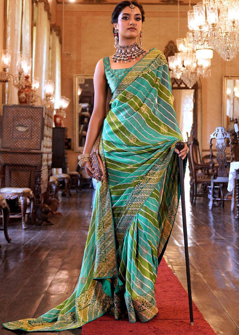 Shades Of Green Leheriya Printed Georgette Saree | Stitched Blouse - qivii