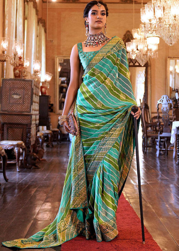 Shades Of Green Leheriya Printed Georgette Saree | Stitched Blouse - qivii