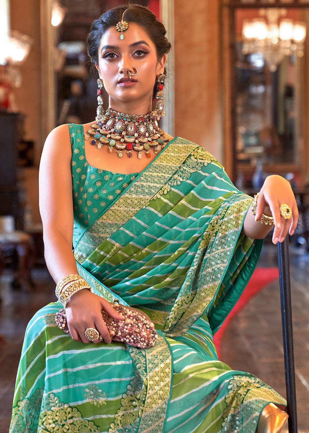 Shades Of Green Leheriya Printed Georgette Saree | Stitched Blouse - qivii