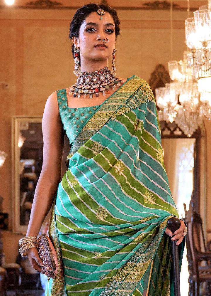 Shades Of Green Leheriya Printed Georgette Saree | Stitched Blouse - qivii