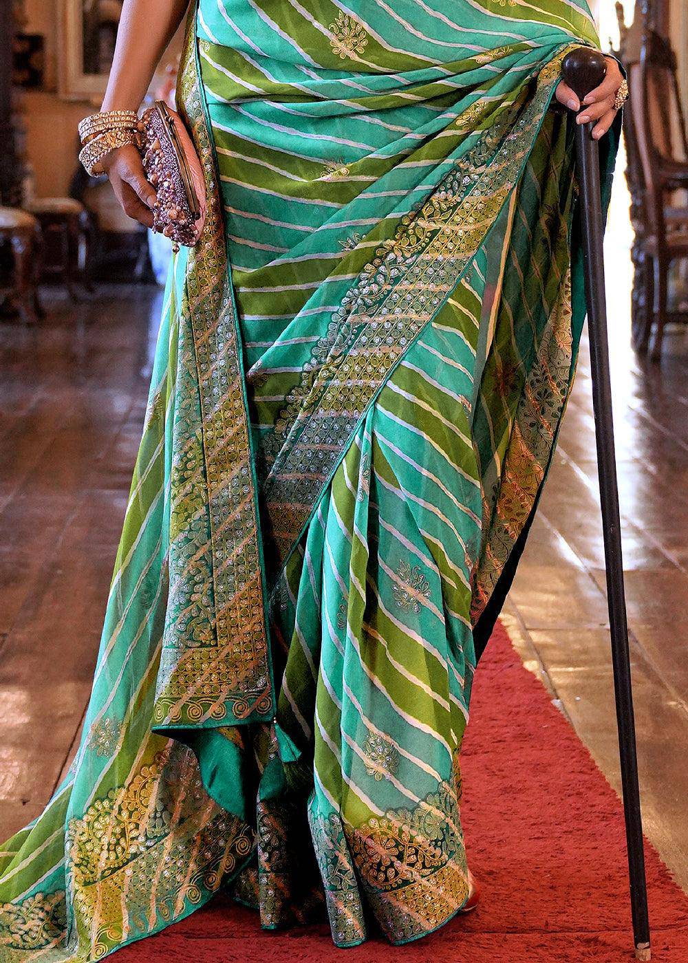 Shades Of Green Leheriya Printed Georgette Saree | Stitched Blouse - qivii