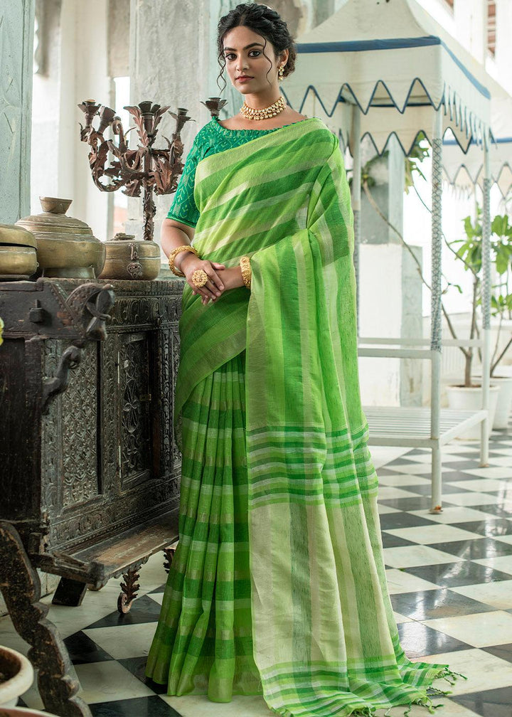 Shades Of Green Linen Saree having Zari Woven Stripes | Stitched Blouse - qivii