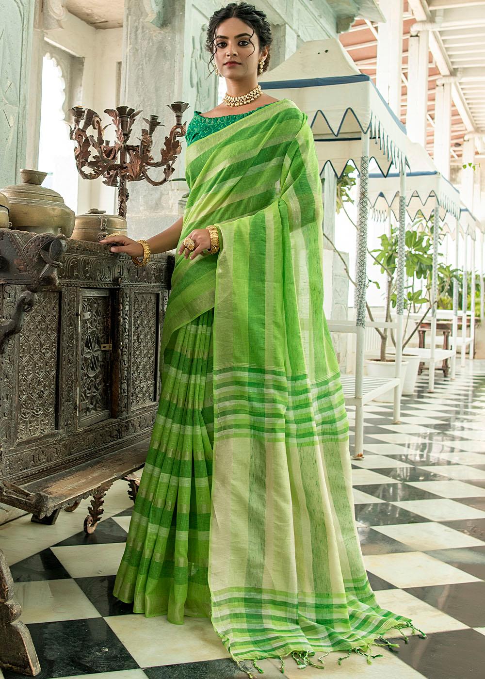 Shades Of Green Linen Saree having Zari Woven Stripes | Stitched Blouse - qivii