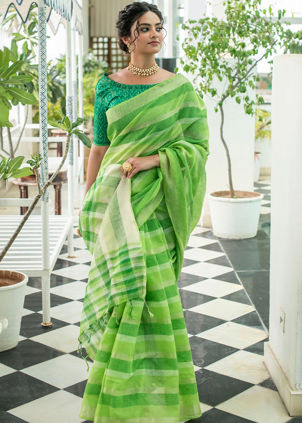 Shades Of Green Linen Saree having Zari Woven Stripes | Stitched Blouse - qivii