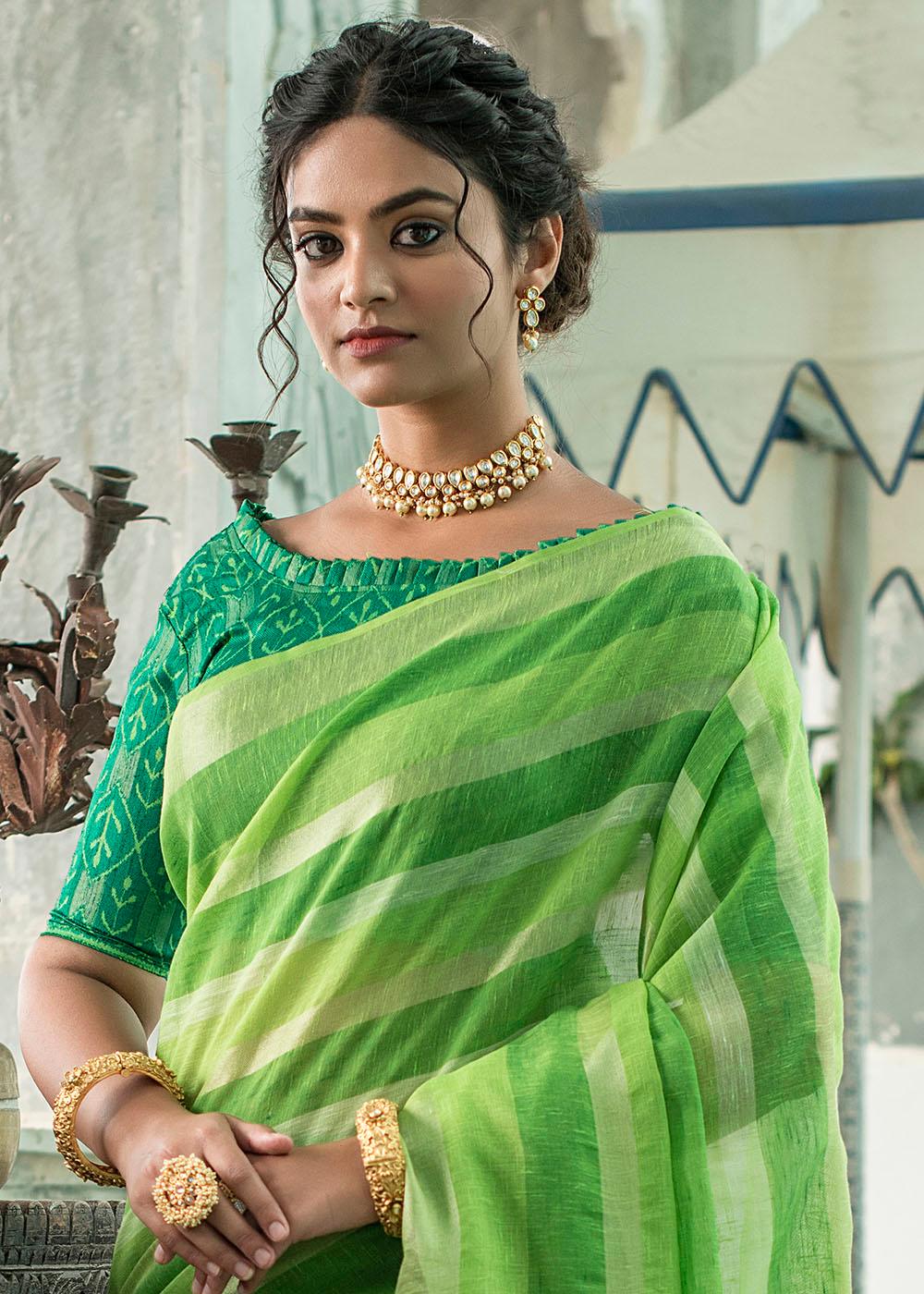 Shades Of Green Linen Saree having Zari Woven Stripes | Stitched Blouse - qivii