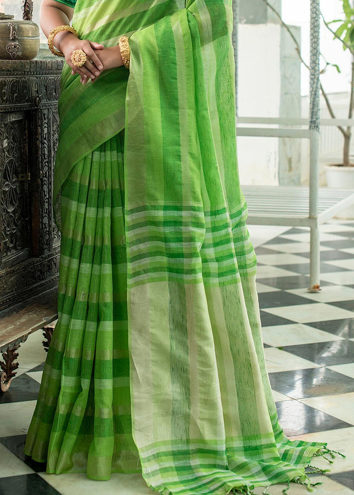 Shades Of Green Linen Saree having Zari Woven Stripes | Stitched Blouse - qivii