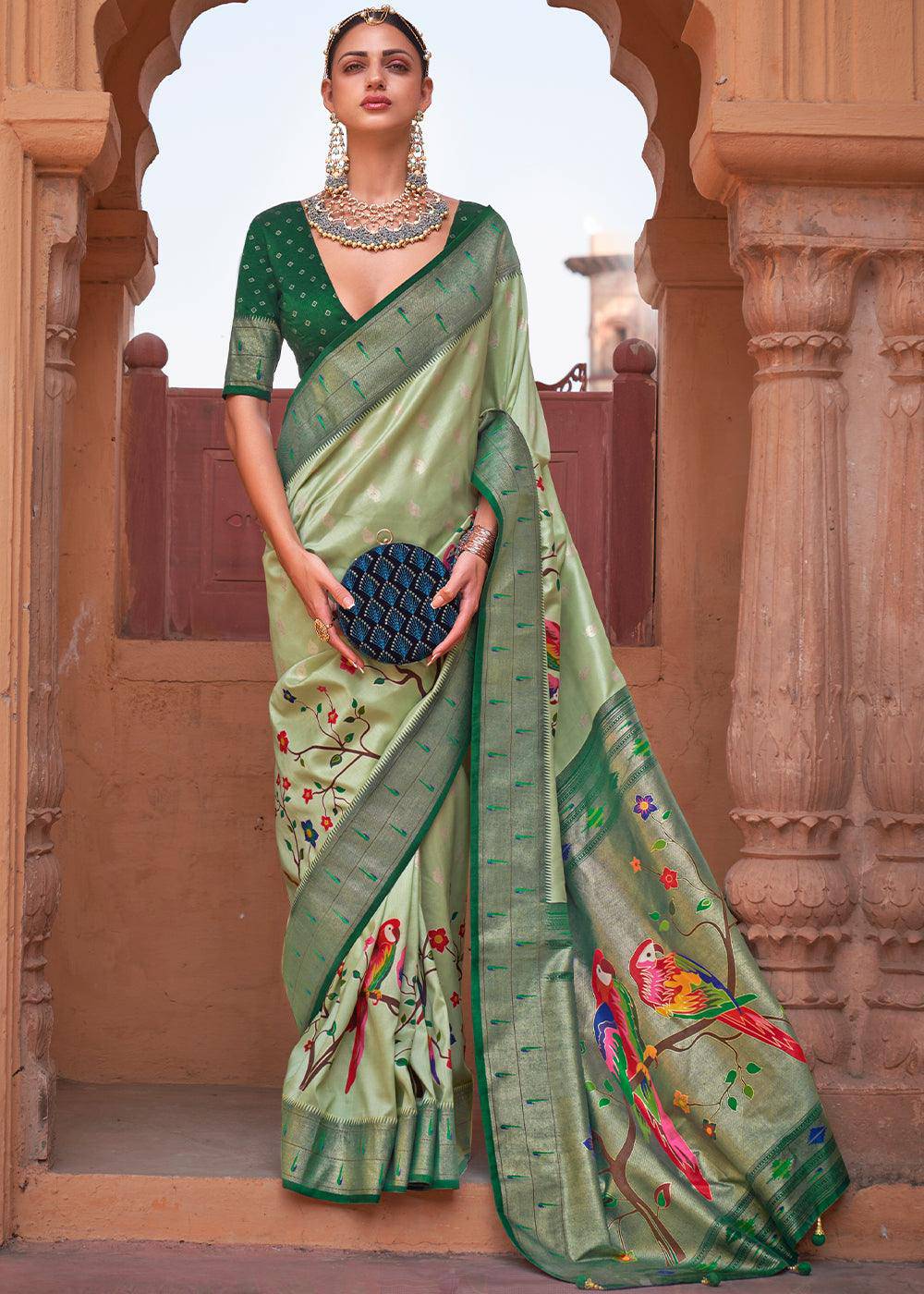 Shades Of Green Paithani Silk Saree | Stitched Blouse - qivii